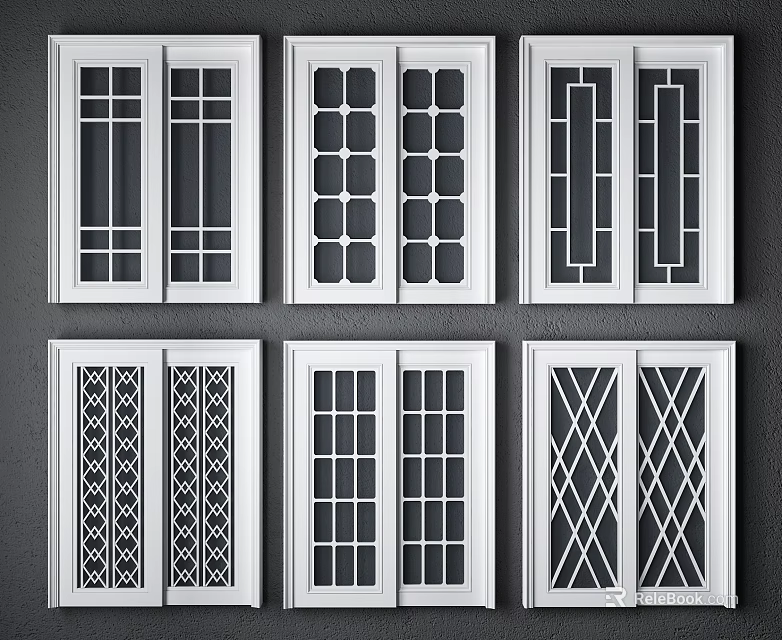 Sliding Doors With Different Glass Patterns And White Frame Designs 3d model