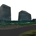 Modern Office Building Complex With Sleek Towers Landscaped Plaza And Greenery