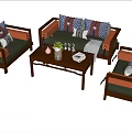 Wooden Frame Sofa And Coffee Table Set With Green Cushions Geometric Pattern Pillows 3d model