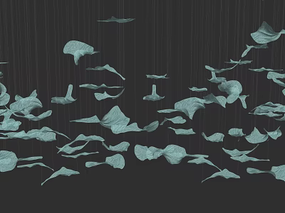 Flowing Art Installation With Light Green Leaf Like Shapes Hanging Floating on Black Background 3d model