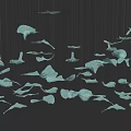 Flowing Art Installation With Light Green Leaf Like Shapes Hanging Floating on Black Background