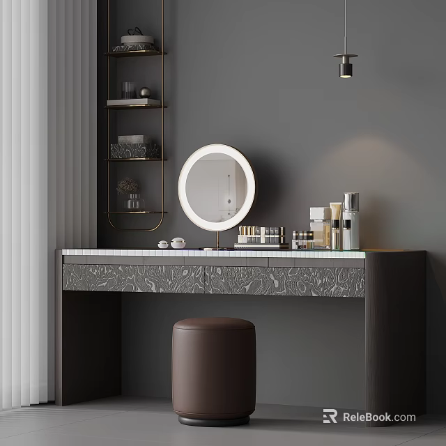 Elegant Dressing Table with Round Mirror Marble Countertop Carved Design Brown Stool and Skincare Products 3d model 