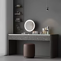 Elegant Dressing Table with Round Mirror Marble Countertop Carved Design Brown Stool and Skincare Products