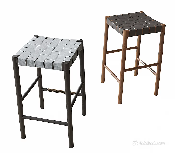 Modern Bar Stools With Woven Seats And Black Brown Metal Frames 3d model 