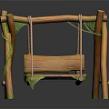 Wooden Swing Playground Equipment With Wooden Frame Rope Suspension And Green Vines