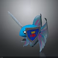 Blue Fish Shaped Creature With Unicorn Horn Blue Pink Wings And Shield With Red Fish