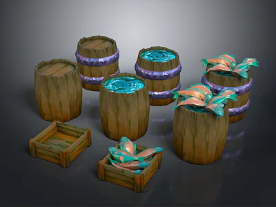 Decorative Wooden Barrels And Crates With Glowing Blue Liquid And Ornamental Plants 3d model