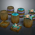 Decorative Wooden Barrels And Crates With Glowing Blue Liquid And Ornamental Plants