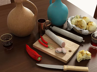Traditional Food Setup With Sausage Bread Red Chili Peppers On Wooden Table 3d model