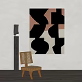 Abstract Painting Featuring Black Pink White Beige Tones With Woven Chair And Floor Lamp