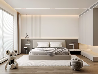 Modern Minimalist Bedroom Interior With Bed Wooden Floor Rug And Window Curtains 3d model