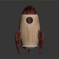 Wooden Rocket Shaped Decorative Figurine with Circular Window Red Accents and Stable Base Stand