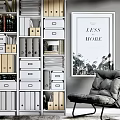 Modern Bookcase With Drawers Open Shelves Books Folders Near Grey Armchair Decorative Wall Art