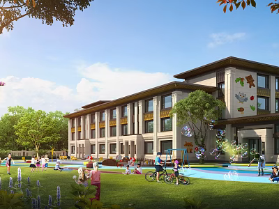 Scenic School Building With Green Lawn Swimming Pool And Children Playing Under Blue Sky 3d model