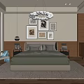 Modern Bedroom Interior Featuring Bed Chandelier Framed Art Bedside Tables Chair Rug And Wooden Floor