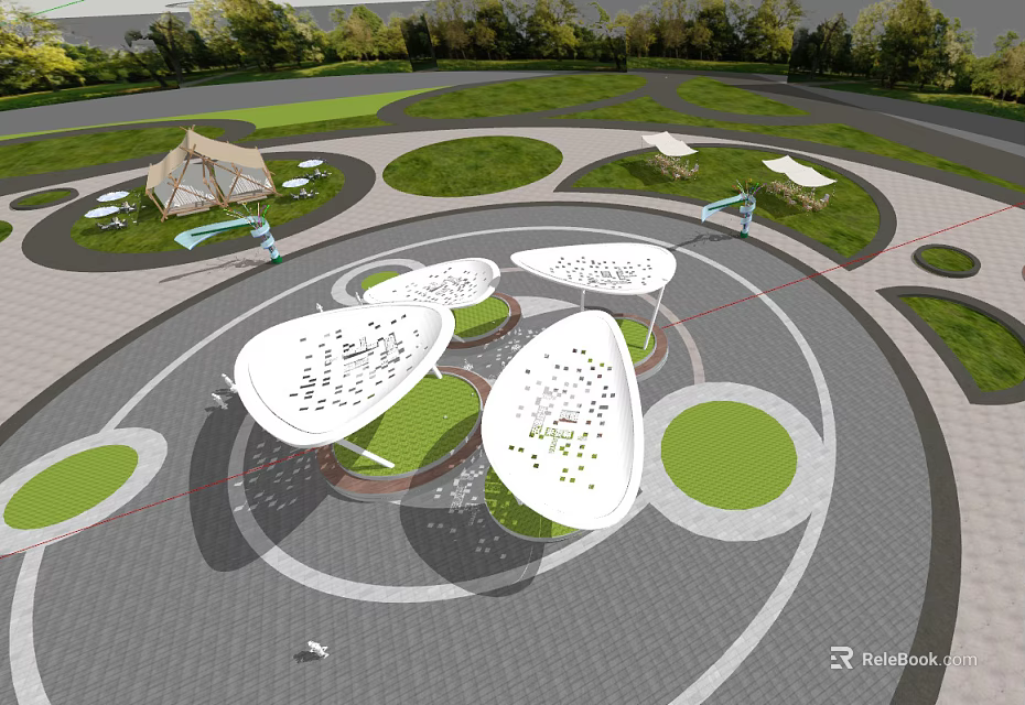 Modern Pergola Design With White Leaf Shaped Structures In Circular Green Outdoor Setting 3d model