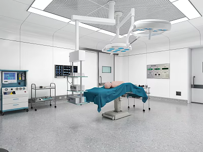 Modern Operating Room Interior With Surgical Table Patient Medical Equipment Monitors And Lights 3d model