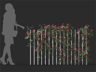 Climbing Vines With Red Flowers Adorning White Picket Fence In Garden 3d model
