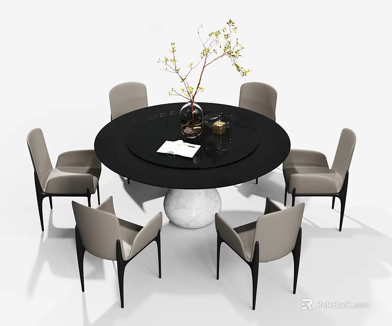 Round Black Dining Table Set With White Base And Six Light Gray Chairs 3d model
