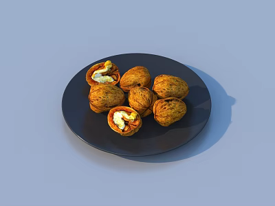 Fresh Walnuts On Black Plate With Peeled Kernels And Whole Nuts 3d model