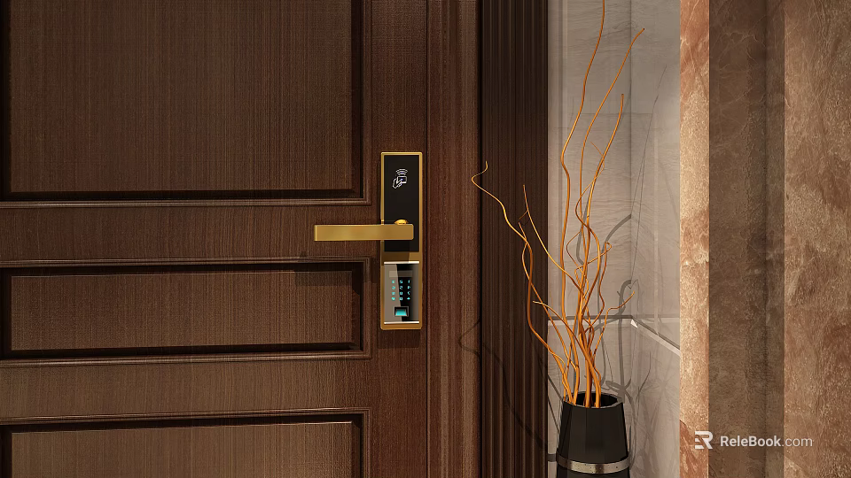 Wooden Door Smart Electronic Lock With Golden Handle And Indoor Vase Branch Decor 3d model 