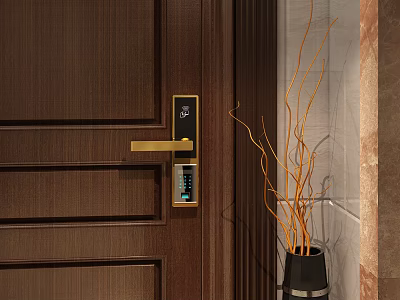 Wooden Door Smart Electronic Lock With Golden Handle And Indoor Vase Branch Decor 3d model