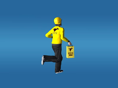 Man In Yellow Uniform And Cap Running While Carrying A Box 3d model