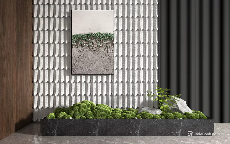 Green Plants and Moss in Black Marble Planter with White Tile Wall Art and Stone 3d model 