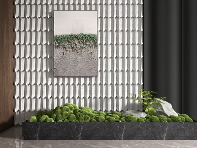 Green Plants and Moss in Black Marble Planter with White Tile Wall Art and Stone 3d model