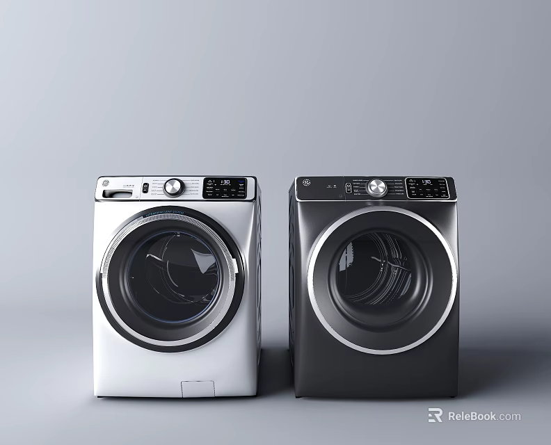 Silver And Black Washing Machines Placed Side By Side On Grey Background 3d model 
