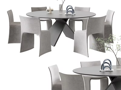 Modern Round Dining Table Set With Grey Chairs And Minimalist Decorative Accents 3d model