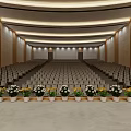 Modern Conference Room With Stage Large Screen Red Curtains And Arranged Seats