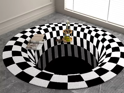 Round Black And White Checkered Rug With 3D Illusion Design And Decor Items 3d model