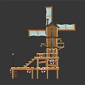 Cartoon Scene of Wooden Windmill House With Multi level Structure Stairs Lifebuoys and Street Lamp