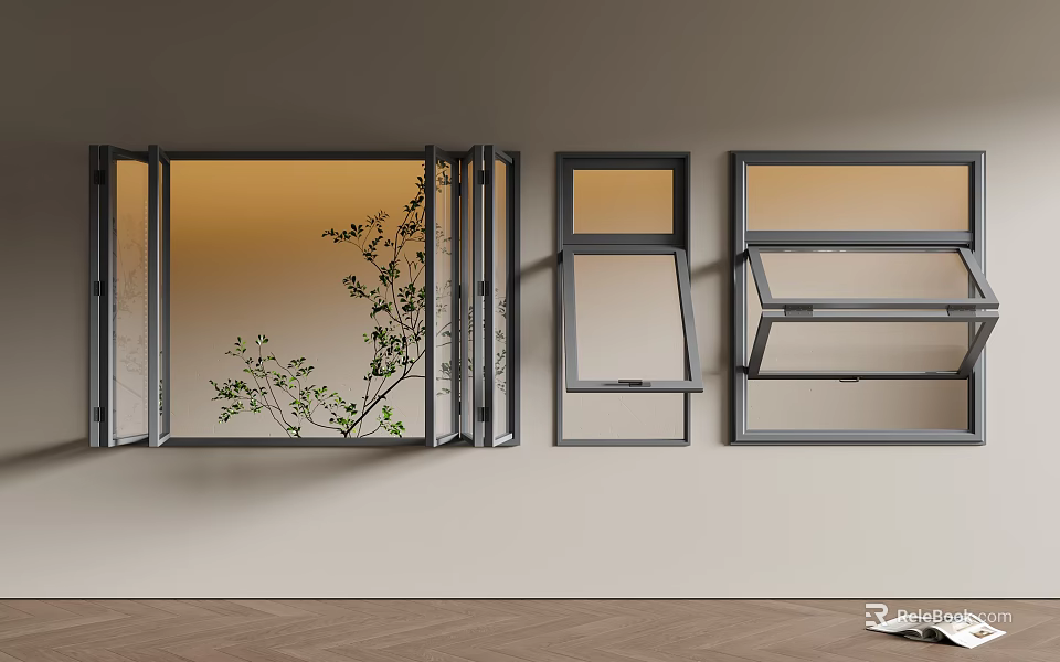 Modern Window Styles with Open Frame Green Plant and Interior Design Elements 3d model