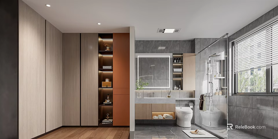 Elegant Modern Bathroom Interior With Wooden Cabinet Mirror Vanity Toilet And Shower Area 3d model 