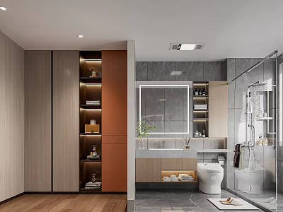 Elegant Modern Bathroom Interior With Wooden Cabinet Mirror Vanity Toilet And Shower Area 3d model