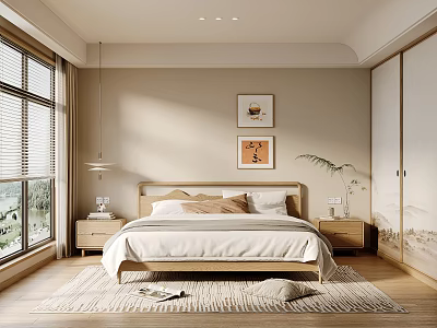 Modern Bedroom Interior With Wooden Bed Frame Bedside Tables Wall Paintings Rug And Wardrobe 3d model