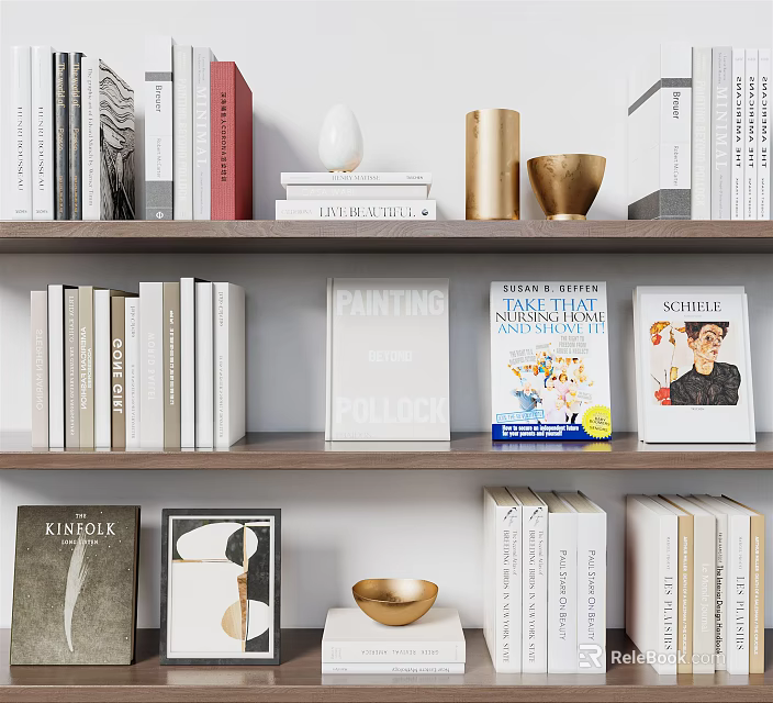 Modern Bookshelf Display With Art Books Golden Bowls And Decor Items 3d model 