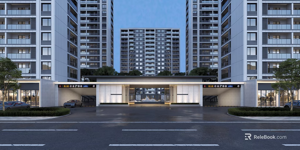Modern Residential Entrance Gate Design With High Rise Buildings And Greenery 3d model 