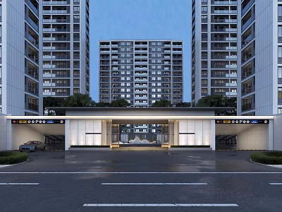Modern Residential Entrance Gate Design With High Rise Buildings And Greenery 3d model