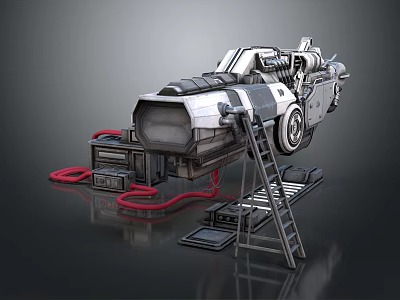 Sci Fi Mechanical Weapon Detailed Structure With Metal Components Red Cables Ladder And Base Platform 3d model