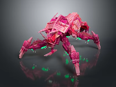 Pink Mechanical Creature With Intricate Metallic Structure Multiple Legs And Green Glowing Lights 3d model
