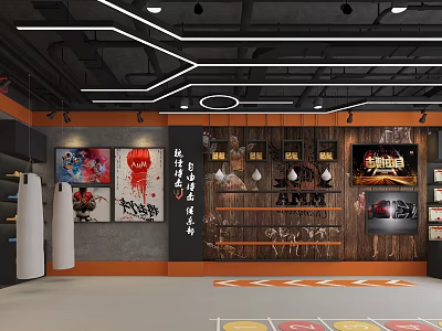 Martial Arts Fitness Training Studio With Punching Bags Targets Wooden Shelves And Colorful Mats 3d model