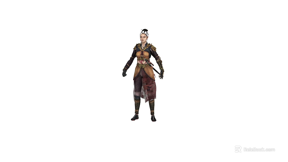 Woman In Decorative Armor With Sword And Unique Hairstyle Standing In Traditional Outfit 3d model 