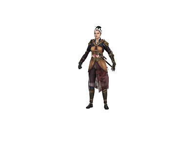 Woman In Decorative Armor With Sword And Unique Hairstyle Standing In Traditional Outfit 3d model