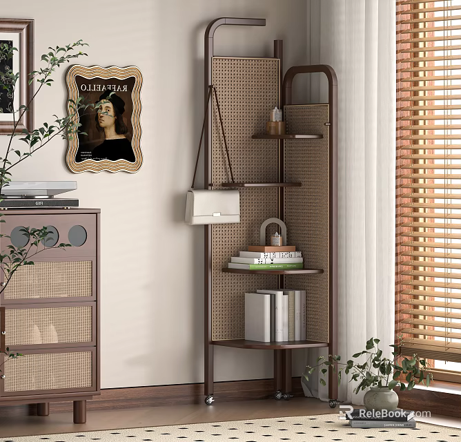 Modern Rattan Bookcase With Open Shelves Books Decorative Items And Green Plant 3d model 