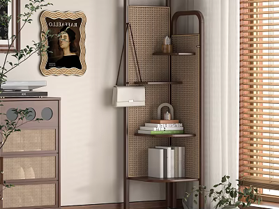 Modern Rattan Bookcase With Open Shelves Books Decorative Items And Green Plant 3d model