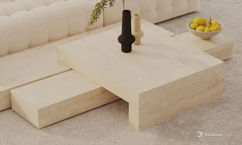 Beige Coffee Table In Modern Living Room With Tufted Sofa Vases And Fruit Bowl 3d model 