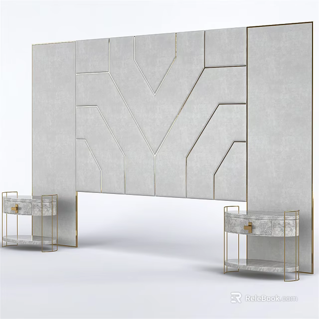 Bed Accent Wall With Geometric Patterns Gold Accents And Marble Nightstands 3d model 